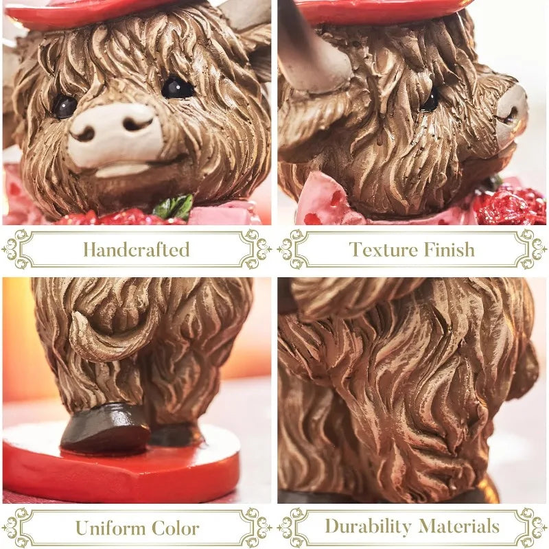 2Pcs Valentine's Day Highland Cow Decor, Cute Romantic Brown Calf Resin Handmade Figurines for Tiered Tray Table Home Decor