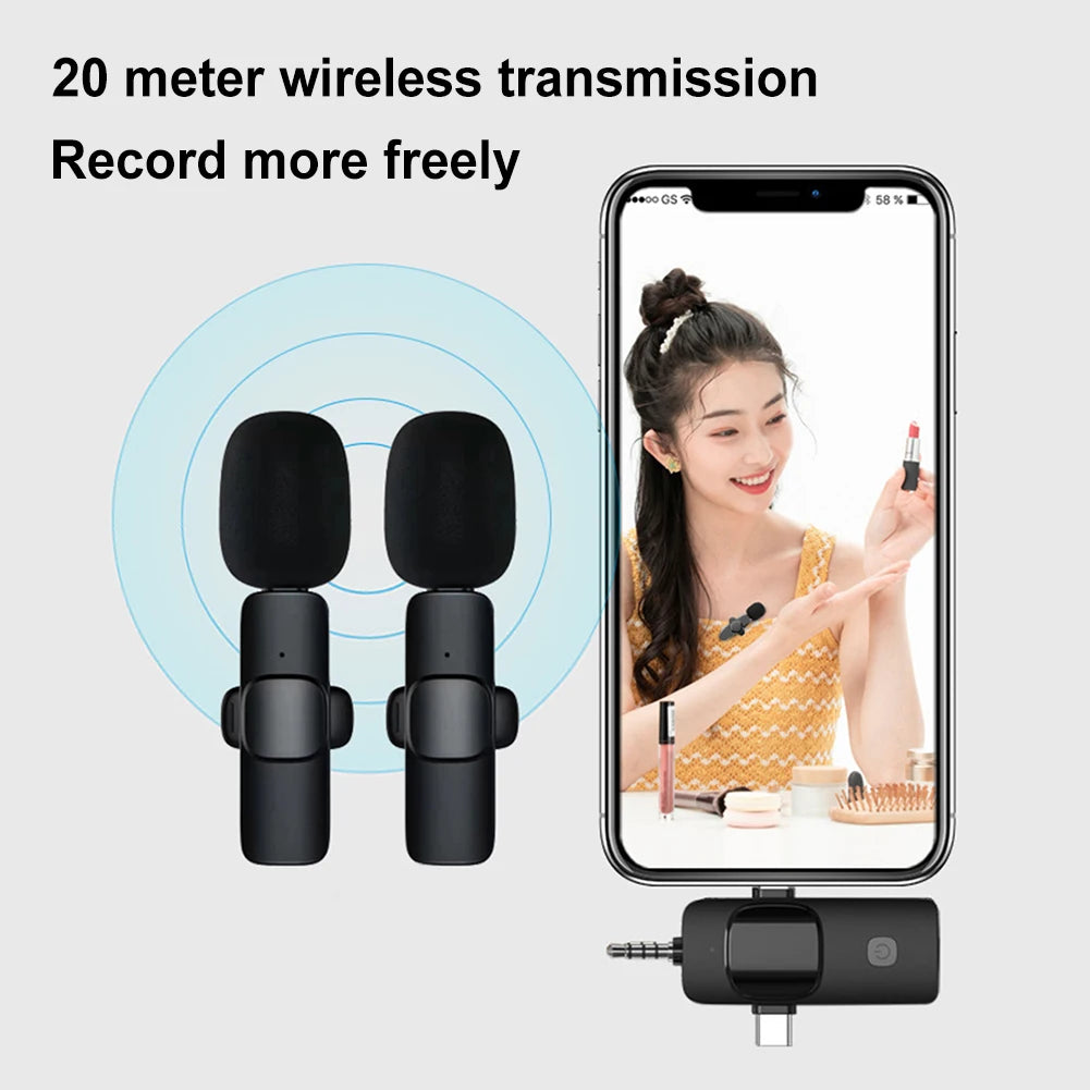 2.4G Wireless Lavalier Microphone Audio Video Recording Mini Lapel Mic Noise Reduction 3 in 1 for iPhone Huawei Xiaomi Samsung