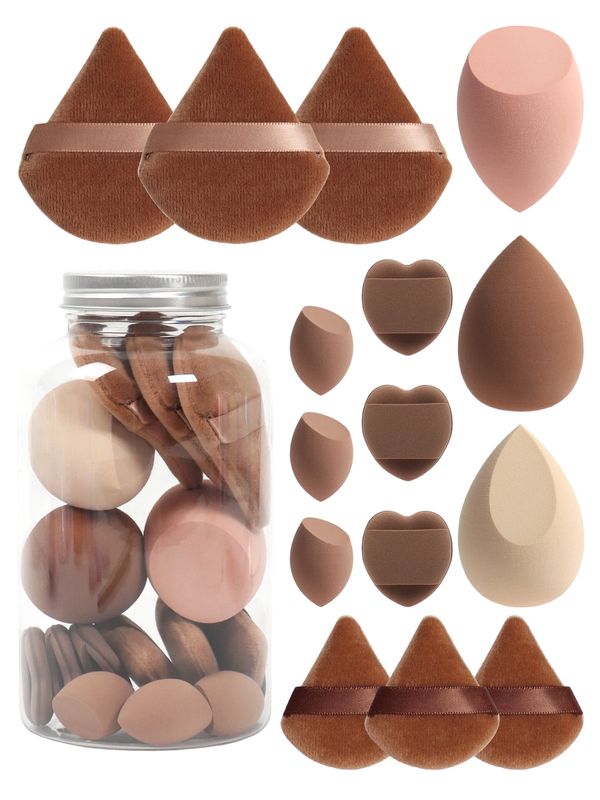 Primavera 15 latas, 3 esponjas para polvos sueltos y 3 mini esponjas para polvos sueltos y 3 mini huevos de maquillaje y 3 mini esponjas con cojín de aire, mezcla de bases