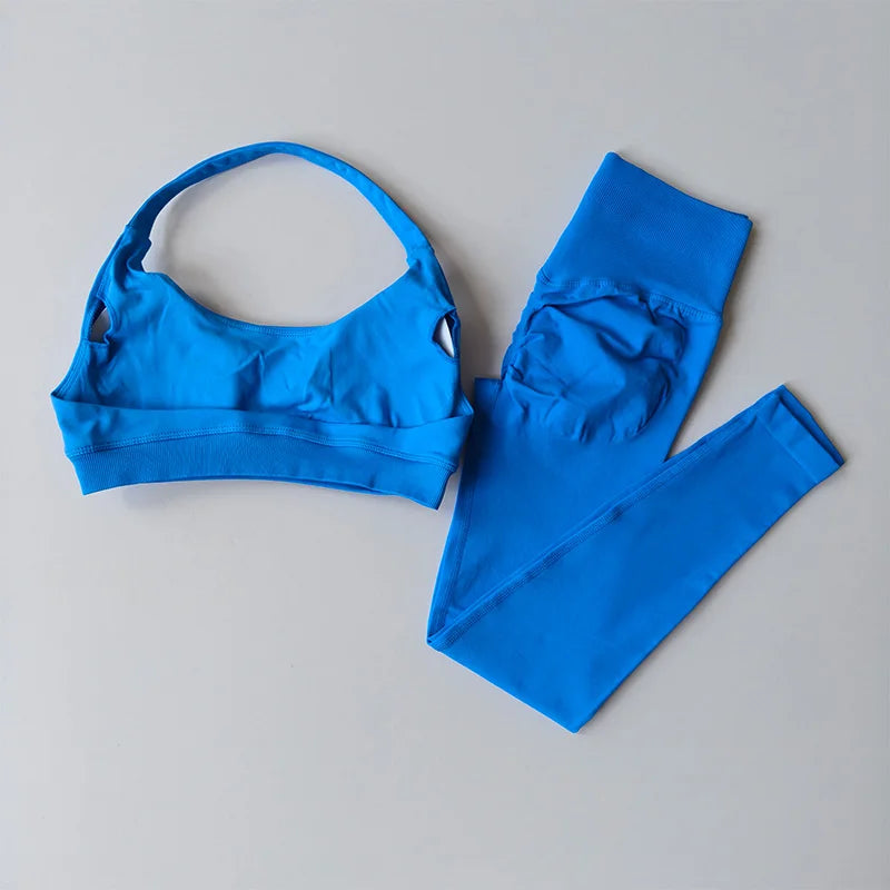 Traje de Yoga sin costuras para mujer, Sujetador deportivo con espalda de belleza, lencería, glúteos de melocotón, mallas de cintura alta para Fitness, traje de Yoga para gimnasio, conjunto de Pilates