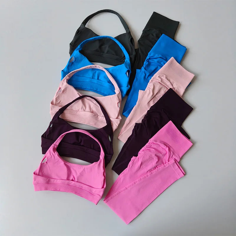Traje de Yoga sin costuras para mujer, Sujetador deportivo con espalda de belleza, lencería, glúteos de melocotón, mallas de cintura alta para Fitness, traje de Yoga para gimnasio, conjunto de Pilates