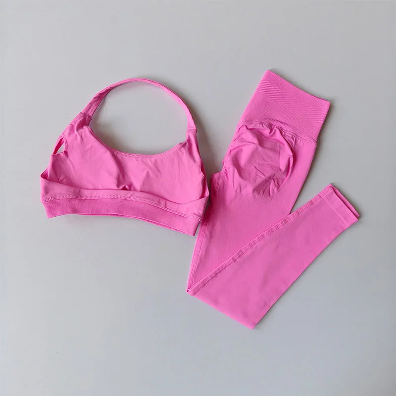 Traje de Yoga sin costuras para mujer, Sujetador deportivo con espalda de belleza, lencería, glúteos de melocotón, mallas de cintura alta para Fitness, traje de Yoga para gimnasio, conjunto de Pilates