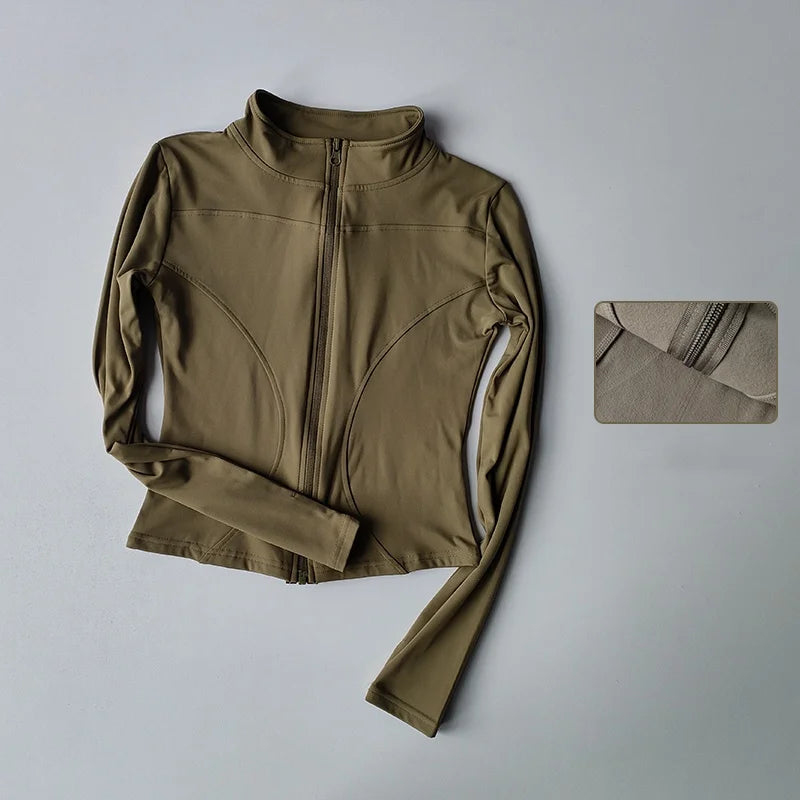 Chaqueta de manga larga para deportes al aire libre para mujer, ropa de Yoga delgada, cárdigan de secado rápido con cremallera, cuello alto, chaqueta para correr, Fitness, Top