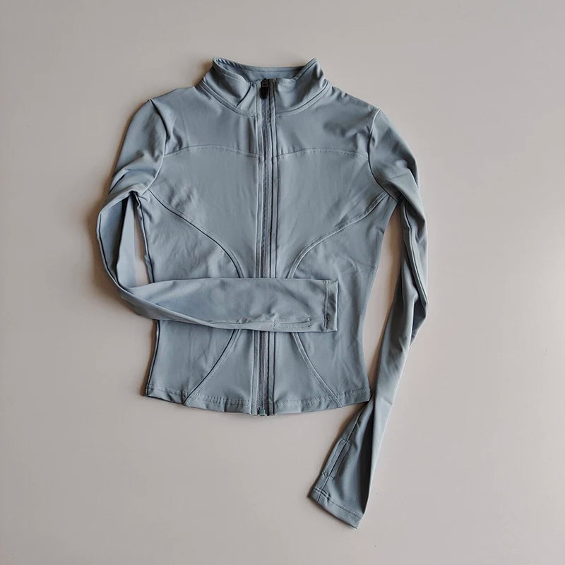 Chaqueta de manga larga para deportes al aire libre para mujer, ropa de Yoga delgada, cárdigan de secado rápido con cremallera, cuello alto, chaqueta para correr, Fitness, Top