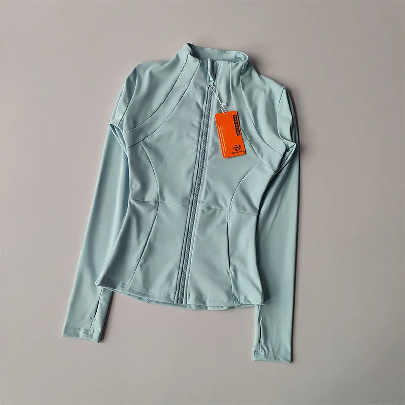 Chaqueta de manga larga para deportes al aire libre para mujer, ropa de Yoga delgada, cárdigan de secado rápido con cremallera, cuello alto, chaqueta para correr, Fitness, Top