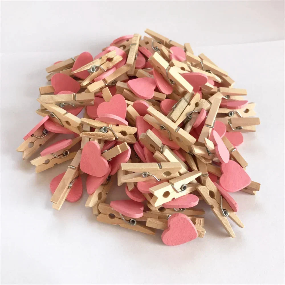 30x4mm 50pcs Wooden Colored Love Heart Photo Clip Memo Paper Peg Clothespin Stationery Valentine's Day Wedding Party Craft Decor