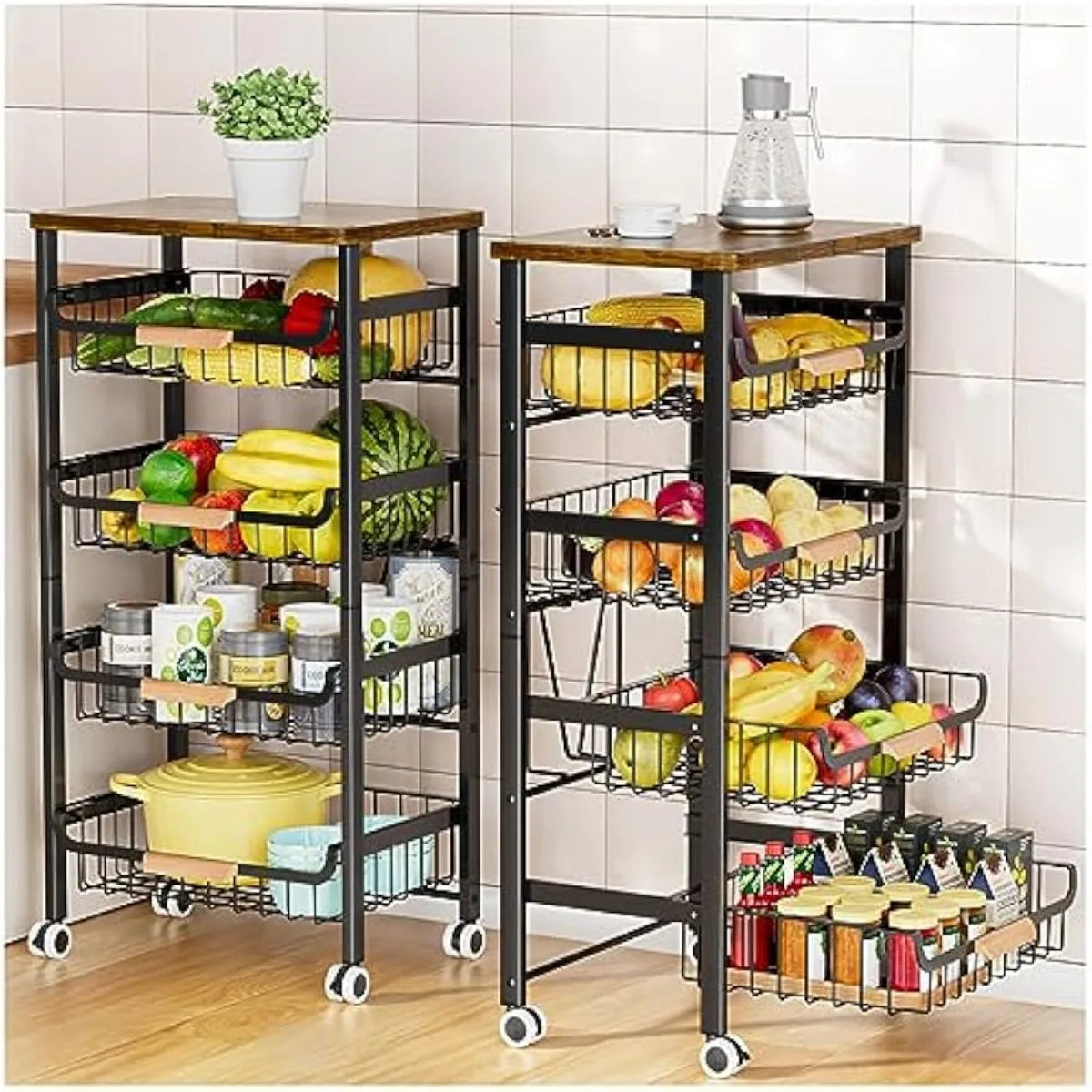 Storage Cart with Wheels, Large Capacity Kitchen Cart, Mobile Utility Cart with Wooden Tabletop