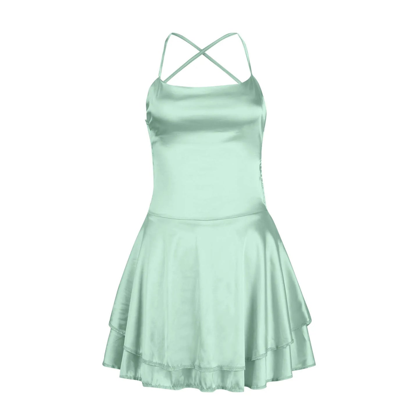 Ladies' Silk And Satin Elegant Sexy Slim Beautiful Backless Short Dress Cowl Neck Cross Spaghetti Strap Party Pleated Mini Skirt