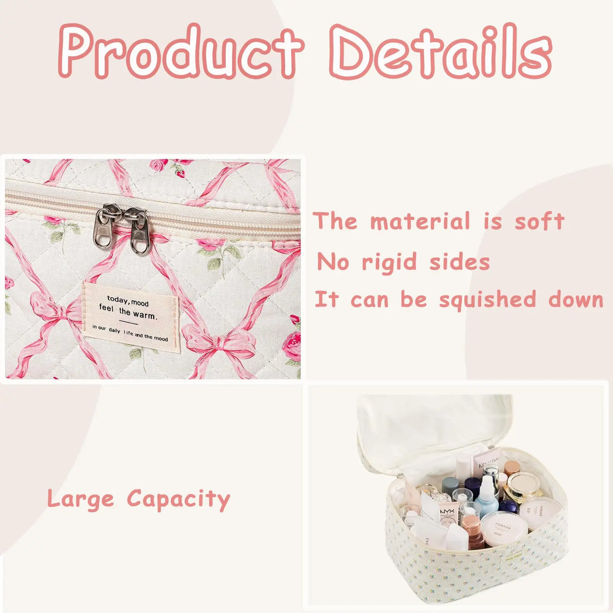 Bolsa de maquillaje de algodón acolchado para mujer, organizador de cosméticos con cremallera, bolso de tela con forma de caja, estuche de aseo portátil para niñas, 1 Uds.