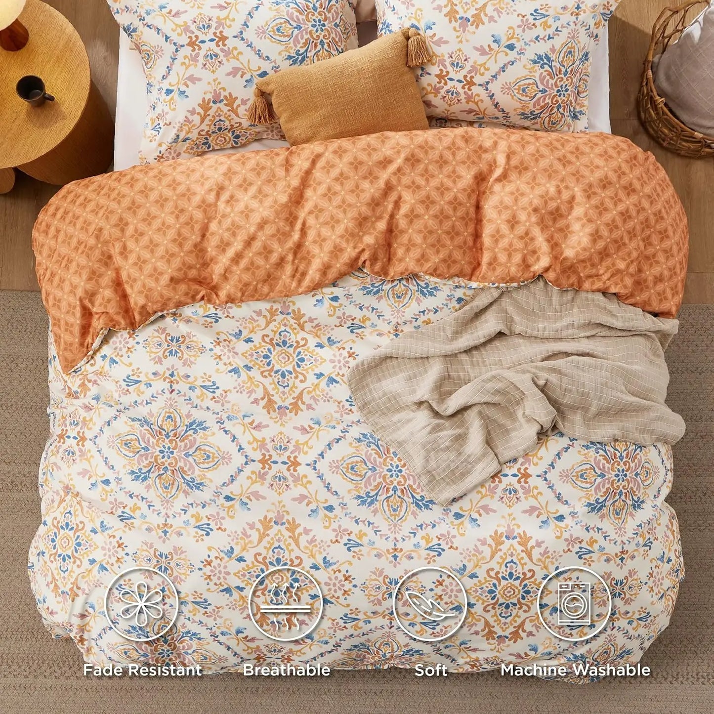 Duvet Cover Queen Size - Reversible Bohemian Orange Duvet Cover Set with Zipper Closure, Damask Patterned Bedding