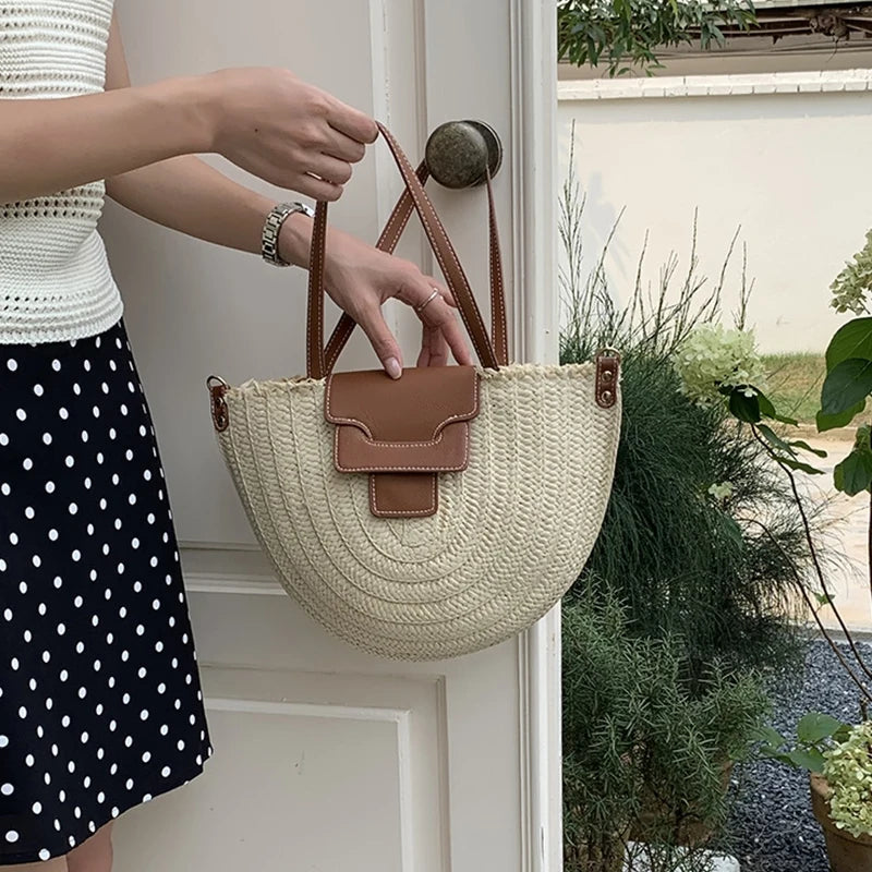 Round Straw Tote Bag Women Fashion Woven Bags Retro Hobo Boho Style Casual Shoulder Bags Summer Beach Bag Sac A Main