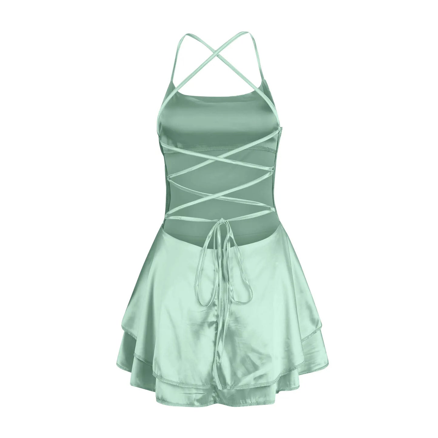 Ladies' Silk And Satin Elegant Sexy Slim Beautiful Backless Short Dress Cowl Neck Cross Spaghetti Strap Party Pleated Mini Skirt