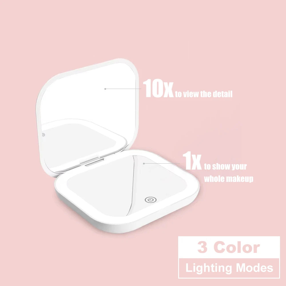 Espejo Compacto con Luces, Aumento 1X/2X, Espejo de Maquillaje LED Portátil, Plegable, de Bolsillo, para Viaje, Regalo o Bolso