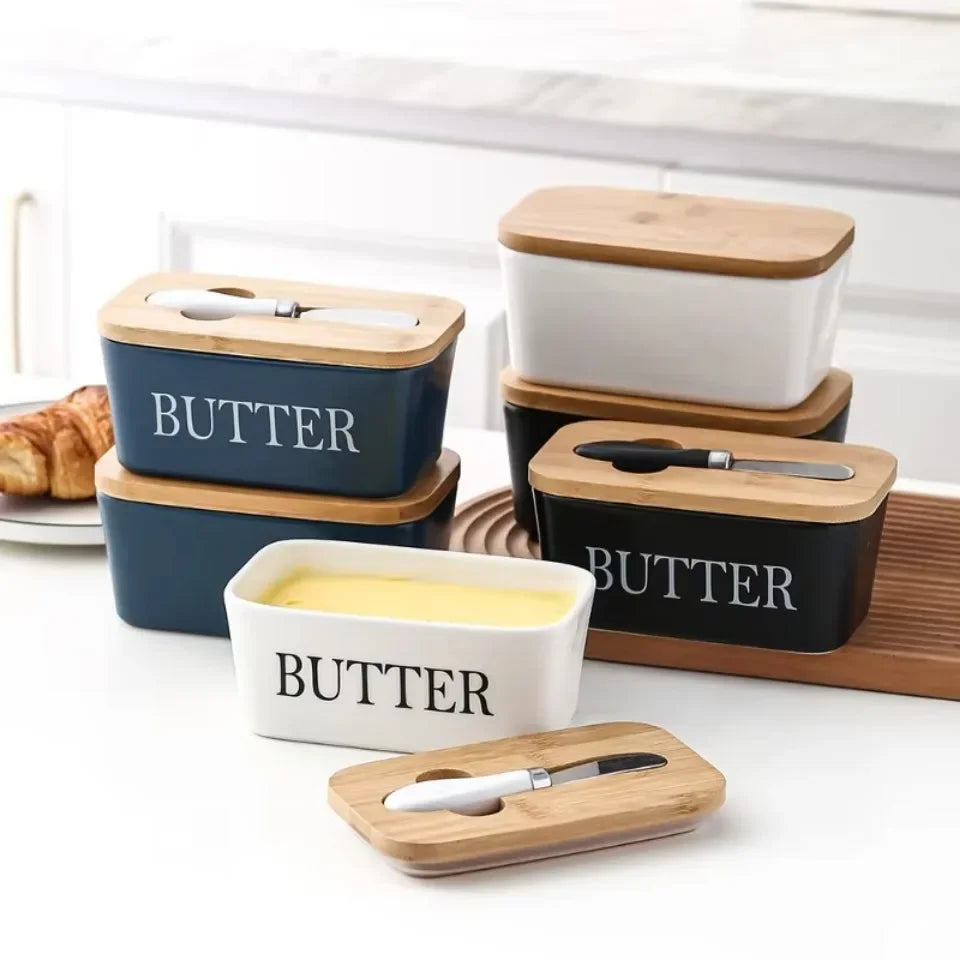 Ceramic Butter Container Box Restaurant Seal Storage Boxes Cheese Box with Knife Bamboo Lid Butters Slicer Butter Dish Tableware