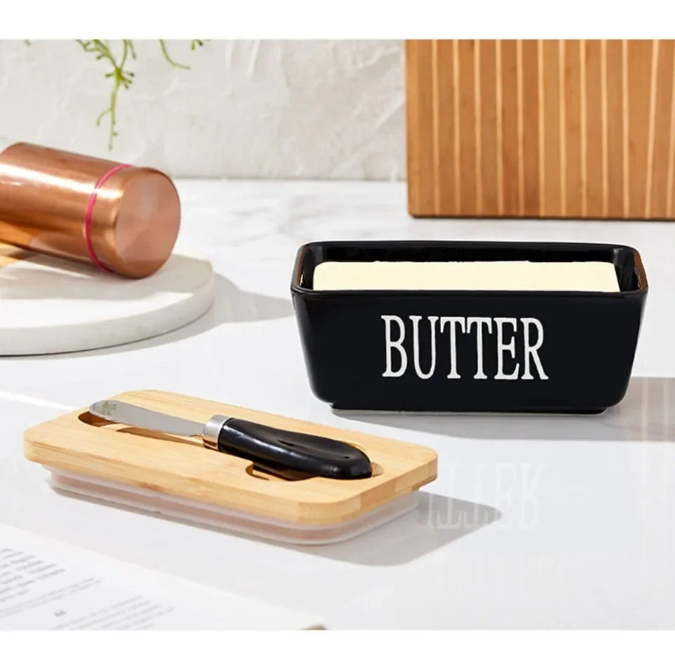 Ceramic Butter Container Box Restaurant Seal Storage Boxes Cheese Box with Knife Bamboo Lid Butters Slicer Butter Dish Tableware