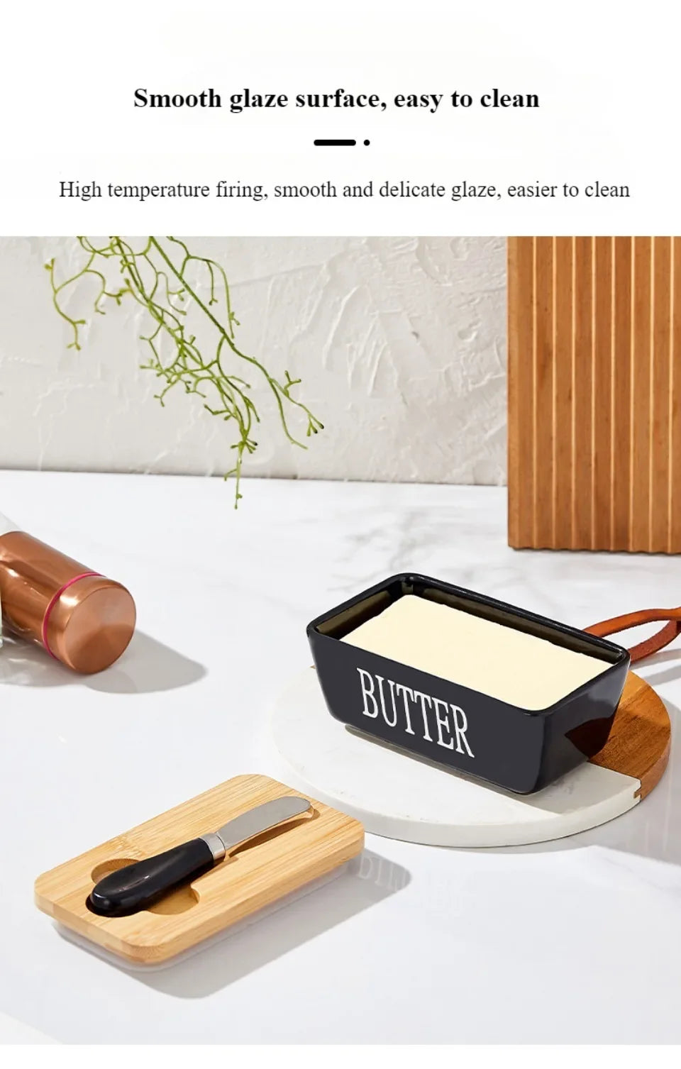 Ceramic Butter Container Box Restaurant Seal Storage Boxes Cheese Box with Knife Bamboo Lid Butters Slicer Butter Dish Tableware