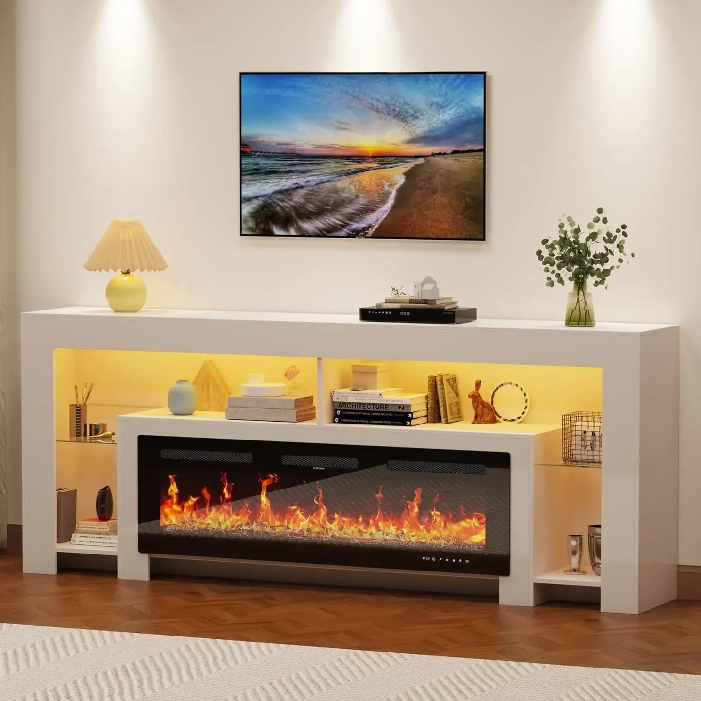 fireplace TV Stand with 50" Fireplace, Entertainment Center with Electronic Flame and LED Lights