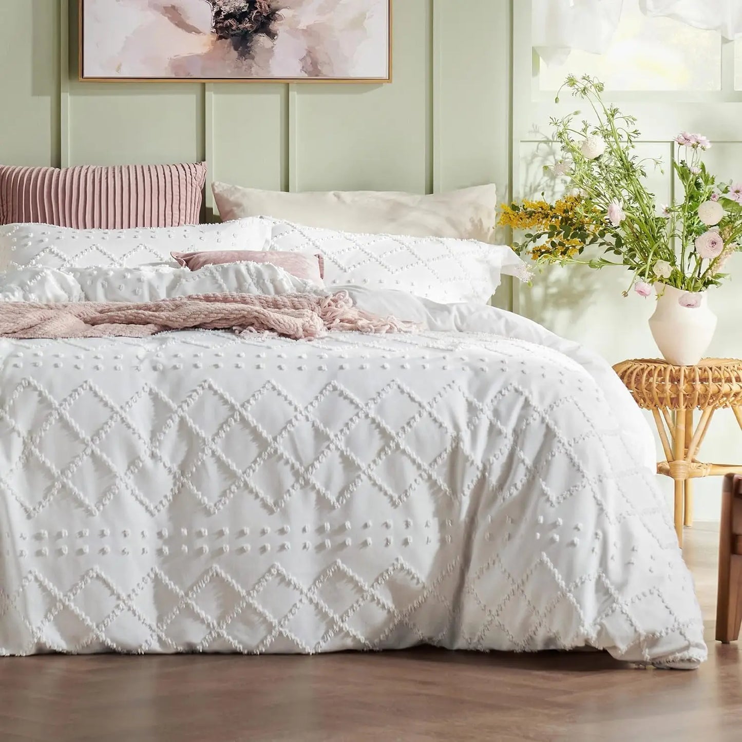 Duvet Cover Queen - Boho Bedding, Tufted Queen Duvet Cover for All Seasons, 3 Pieces Embroidery Shabby Chic Home