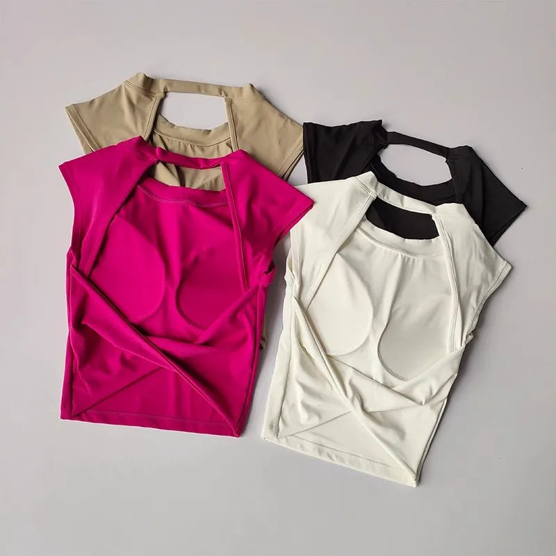 Camiseta deportiva con almohadilla  espalda descubierta, traje de Yoga adelgazante de secado rápido, ropa superior