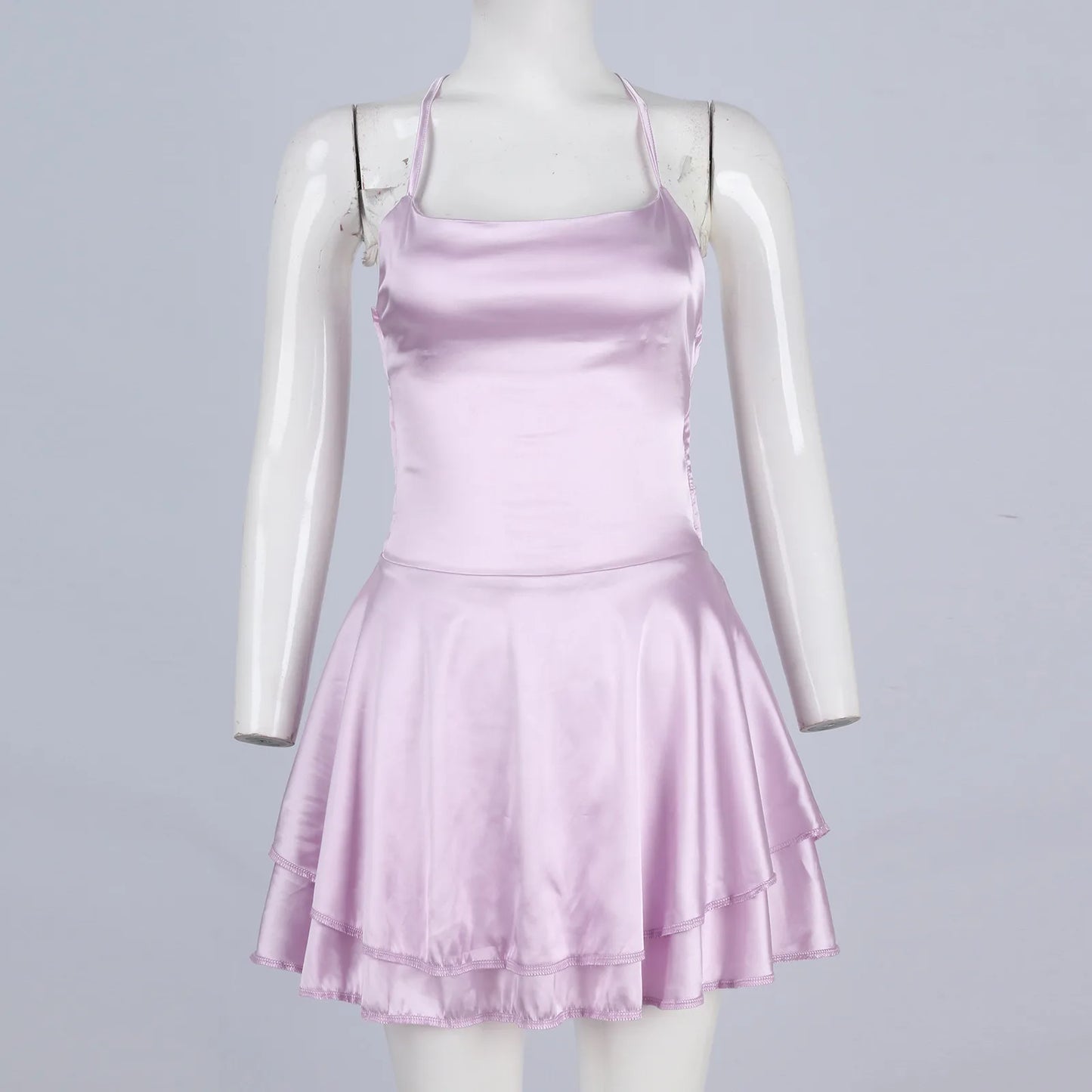 Ladies' Silk And Satin Elegant Sexy Slim Beautiful Backless Short Dress Cowl Neck Cross Spaghetti Strap Party Pleated Mini Skirt