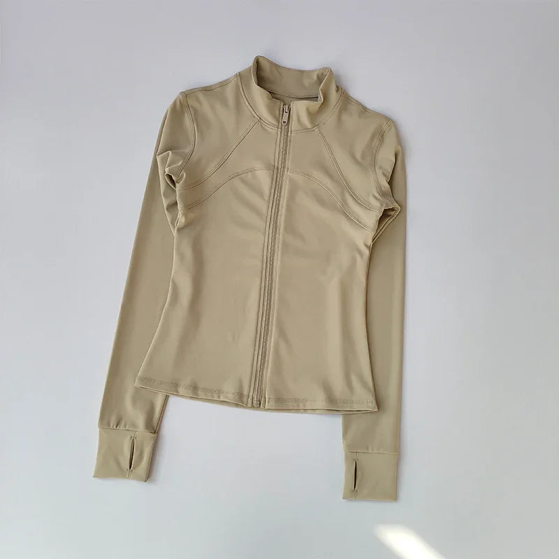 Chaqueta de manga larga para deportes al aire libre para mujer, ropa de Yoga delgada, cárdigan de secado rápido con cremallera, cuello alto, chaqueta para correr, Fitness, Top