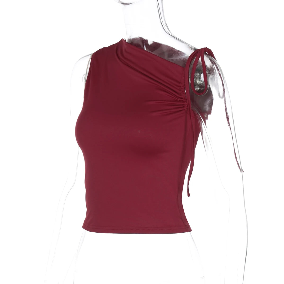 Dulzura Sleeveless Skew Collar Ruched Lace Up Bodycon Crop Top Sexy Elegant Casual Tank Party Club Streetwear Spring Summer