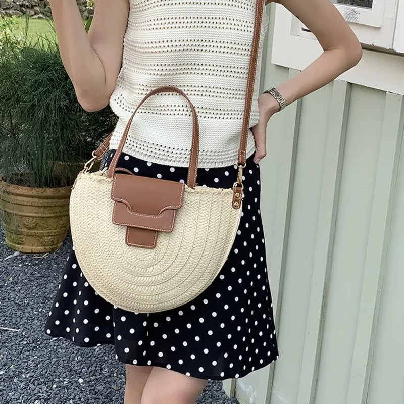 Round Straw Tote Bag Women Fashion Woven Bags Retro Hobo Boho Style Casual Shoulder Bags Summer Beach Bag Sac A Main