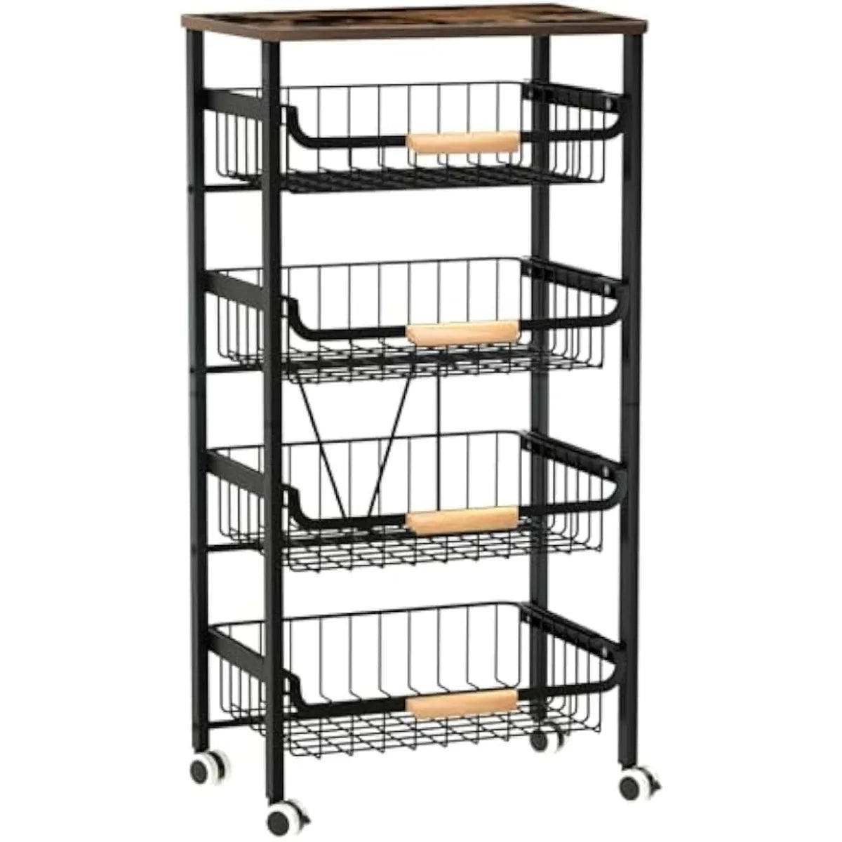 Storage Cart with Wheels, Large Capacity Kitchen Cart, Mobile Utility Cart with Wooden Tabletop