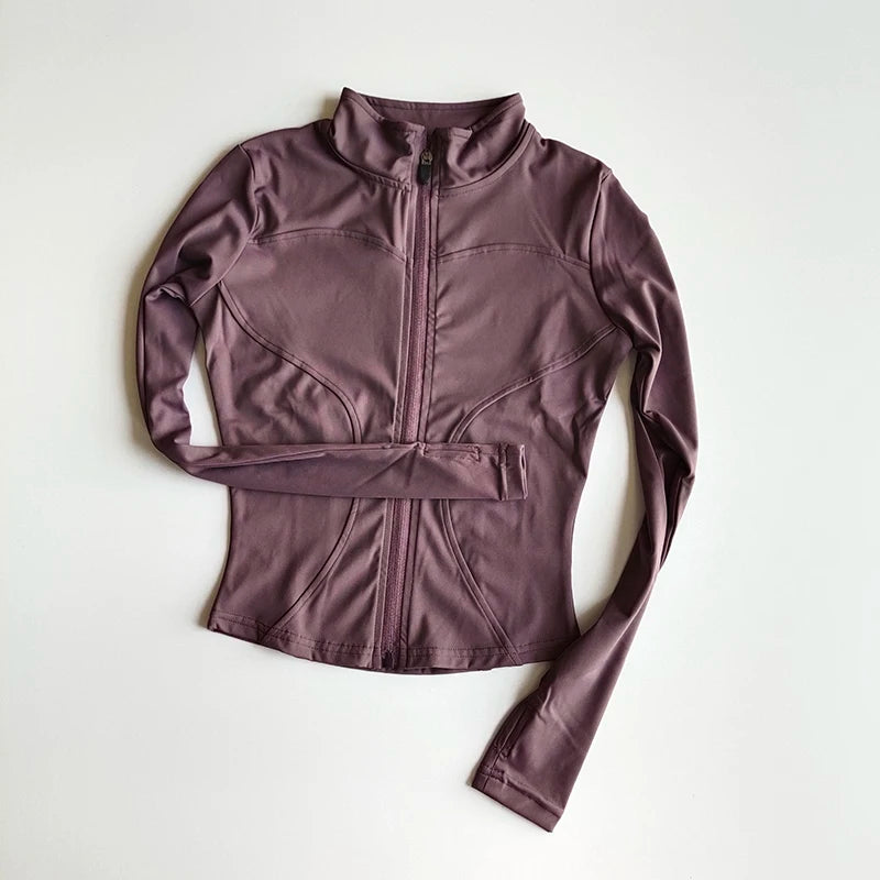 Chaqueta de manga larga para deportes al aire libre para mujer, ropa de Yoga delgada, cárdigan de secado rápido con cremallera, cuello alto, chaqueta para correr, Fitness, Top