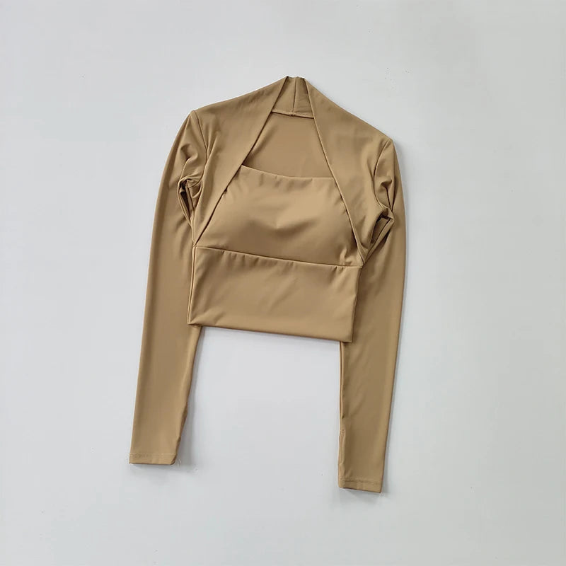 Fitness Chest Cushion Sports Top Women Long Sleeve Shirts Pra Speed Up Short Elegant Dance Yoga Clothes Small Waistband Gym