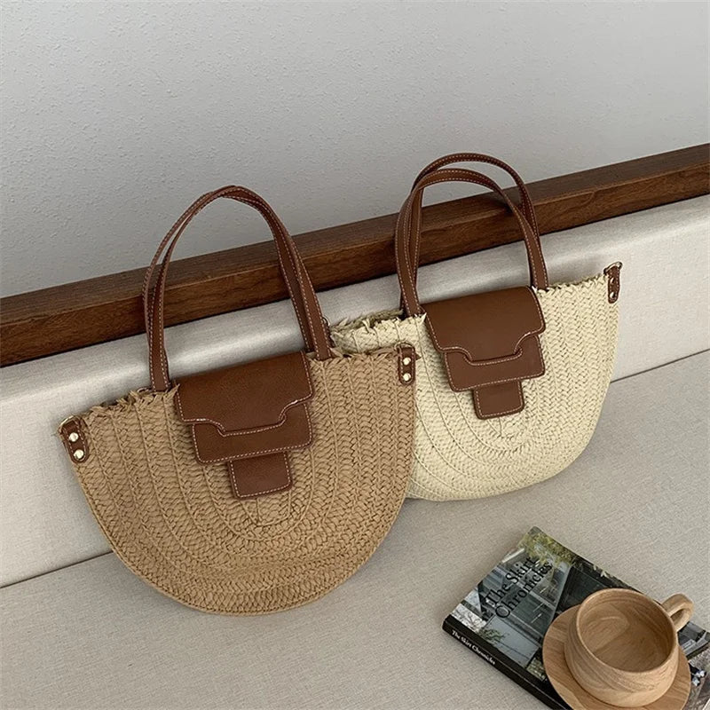 Round Straw Tote Bag Women Fashion Woven Bags Retro Hobo Boho Style Casual Shoulder Bags Summer Beach Bag Sac A Main