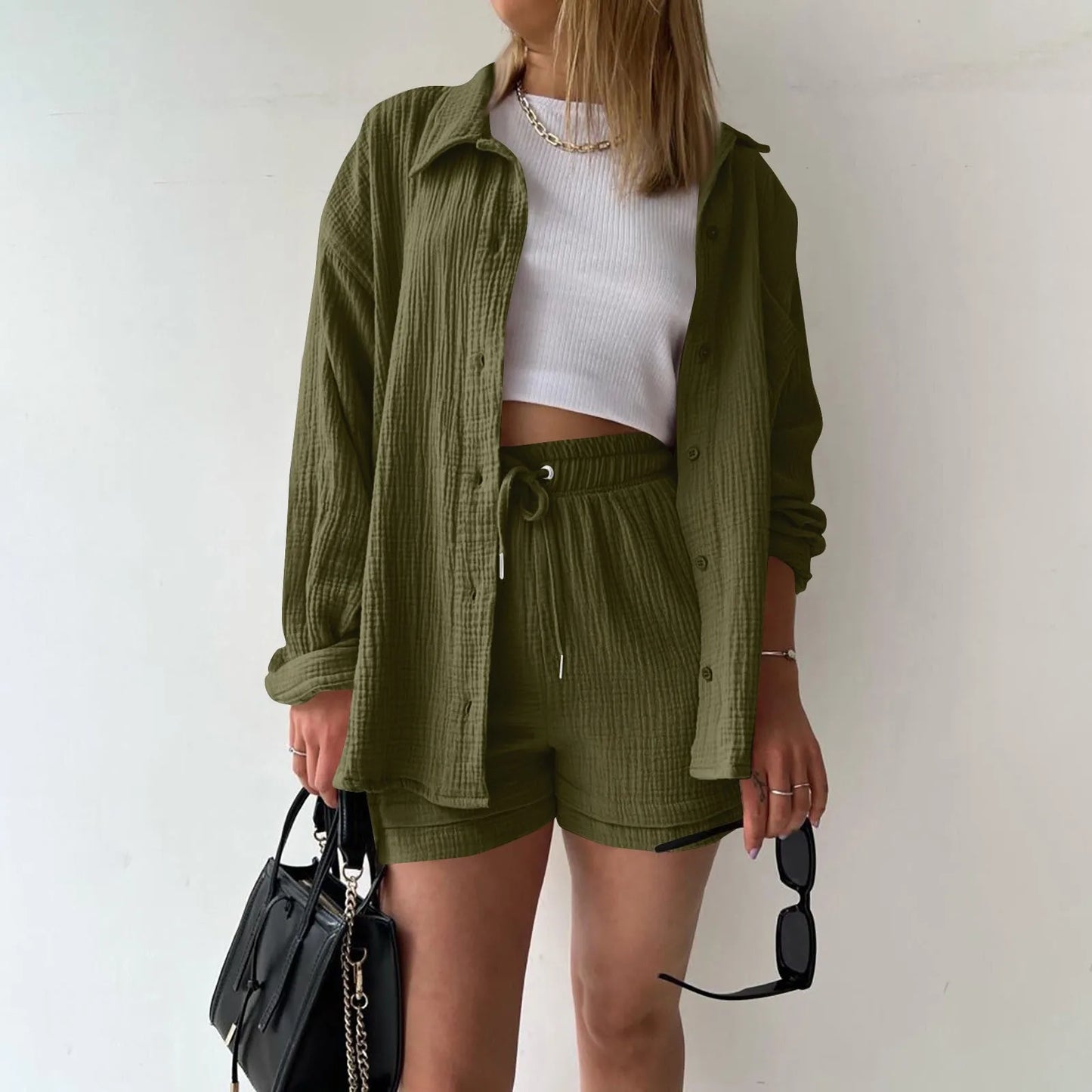 Summer Cotton Linen High Waist Shirt Shorts Women Turn Down Collar Long Sleeve Tops and Shorts Suit Cotton Casual Two Piece Sets