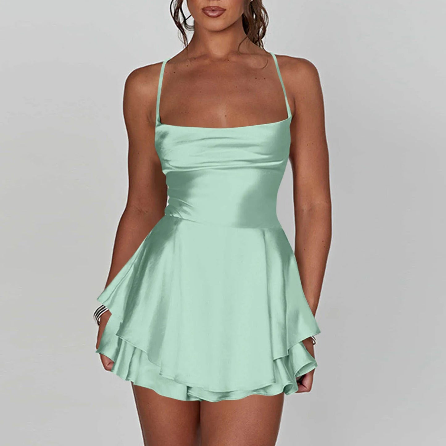 Ladies' Silk And Satin Elegant Sexy Slim Beautiful Backless Short Dress Cowl Neck Cross Spaghetti Strap Party Pleated Mini Skirt