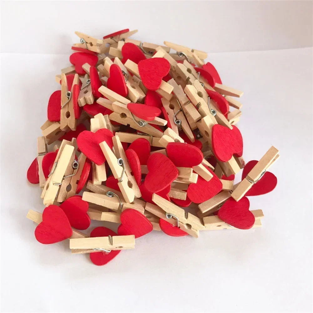 30x4mm 50pcs Wooden Colored Love Heart Photo Clip Memo Paper Peg Clothespin Stationery Valentine's Day Wedding Party Craft Decor