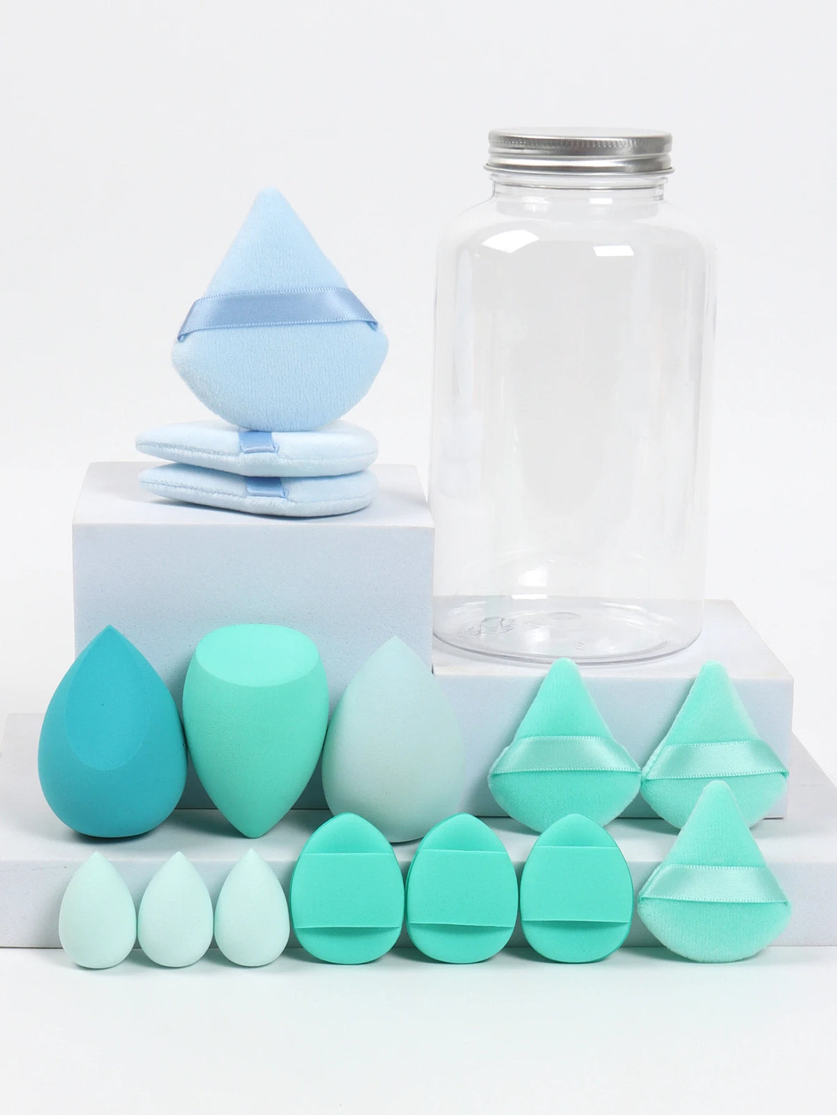 Primavera 15 latas, 3 esponjas para polvos sueltos y 3 mini esponjas para polvos sueltos y 3 mini huevos de maquillaje y 3 mini esponjas con cojín de aire, mezcla de bases