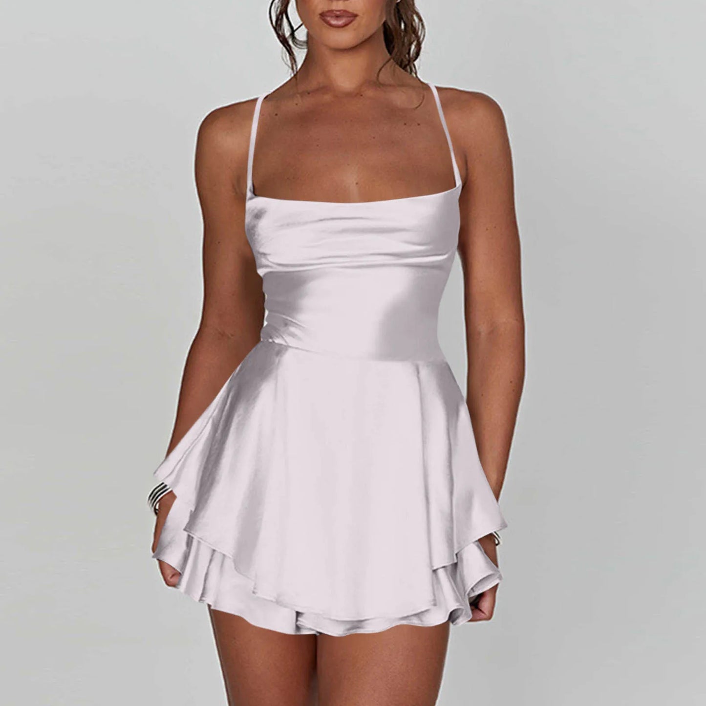 Ladies' Silk And Satin Elegant Sexy Slim Beautiful Backless Short Dress Cowl Neck Cross Spaghetti Strap Party Pleated Mini Skirt