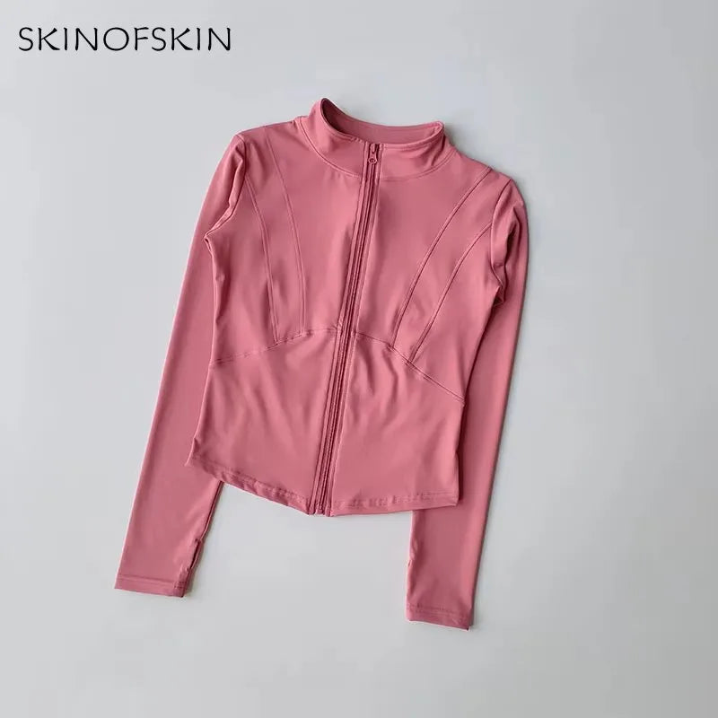 Chaqueta de manga larga para deportes al aire libre para mujer, ropa de Yoga delgada, cárdigan de secado rápido con cremallera, cuello alto, chaqueta para correr, Fitness, Top