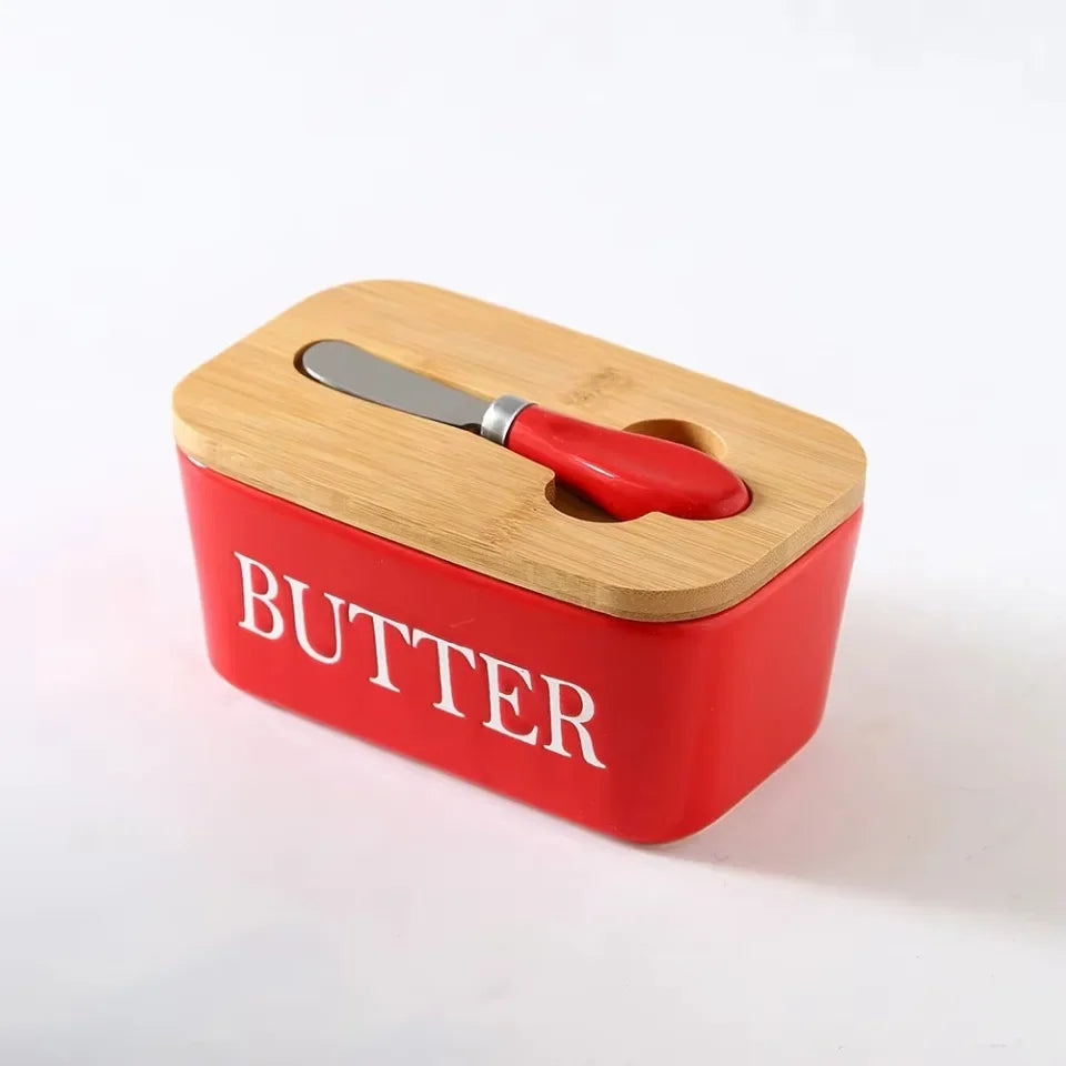 Ceramic Butter Container Box Restaurant Seal Storage Boxes Cheese Box with Knife Bamboo Lid Butters Slicer Butter Dish Tableware