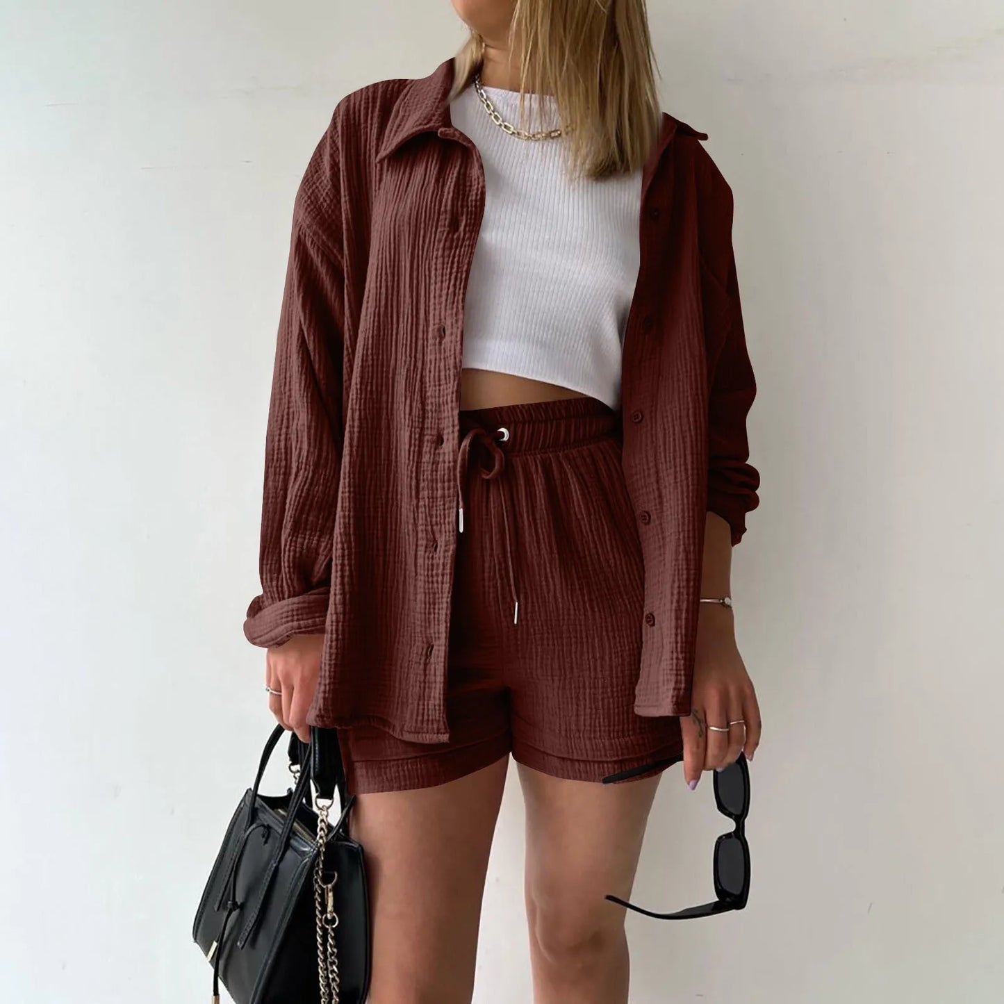 Summer Cotton Linen High Waist Shirt Shorts Women Turn Down Collar Long Sleeve Tops and Shorts Suit Cotton Casual Two Piece Sets