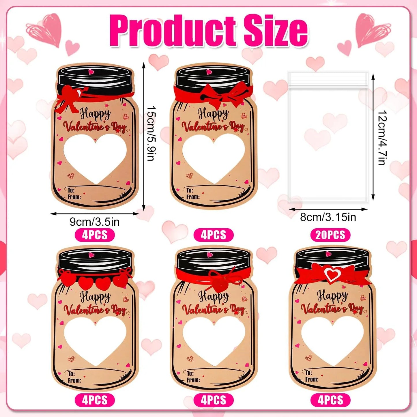 20pcs Happy Valentines Day Gift Bags Drift Bottle Greeting Card Wedding Party Classroom Exchange Fun Pack DIY Packaging Decor