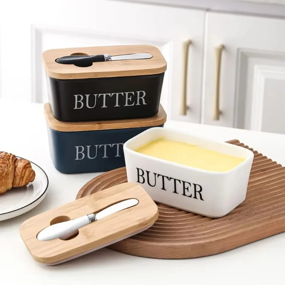 Ceramic Butter Container Box Restaurant Seal Storage Boxes Cheese Box with Knife Bamboo Lid Butters Slicer Butter Dish Tableware