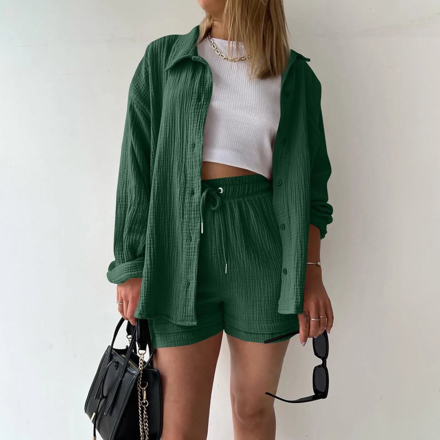 Summer Cotton Linen High Waist Shirt Shorts Women Turn Down Collar Long Sleeve Tops and Shorts Suit Cotton Casual Two Piece Sets