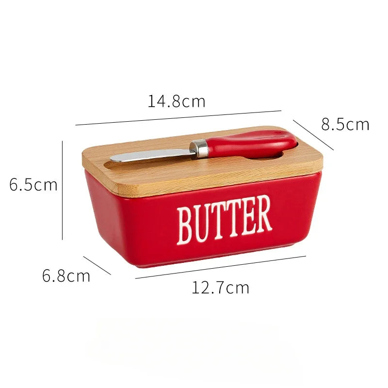 Ceramic Butter Container Box Restaurant Seal Storage Boxes Cheese Box with Knife Bamboo Lid Butters Slicer Butter Dish Tableware