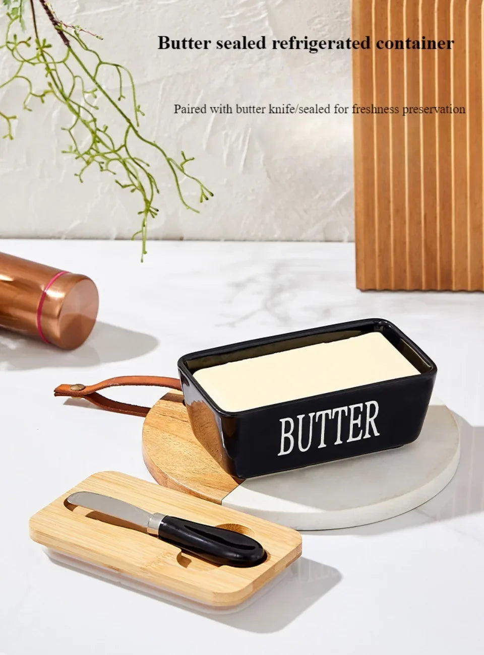 Ceramic Butter Container Box Restaurant Seal Storage Boxes Cheese Box with Knife Bamboo Lid Butters Slicer Butter Dish Tableware