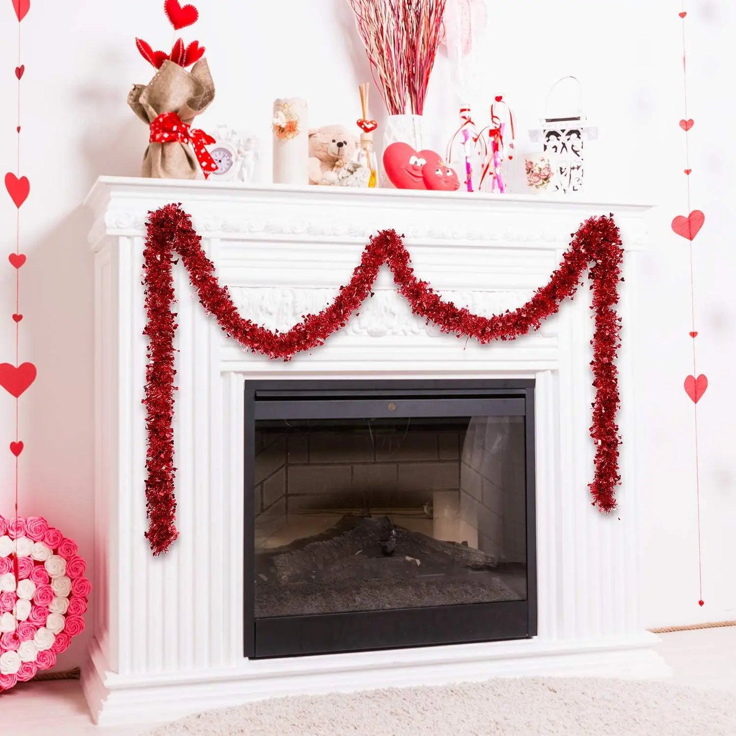 2 Valentine's Day Tinsel Garland Decoration Red Heart Tinsel Garland Shiny Hanging Metallic Tinsel Ornaments