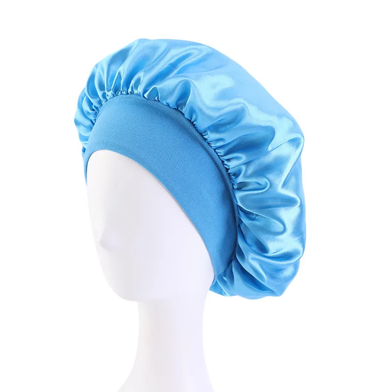 Nuevo gorro de dormir de ala ancha de satén, gorro sedoso para dormir, gorro para dormir con banda suave elástica, gorro de estilismo, herramienta para envolver el cabello