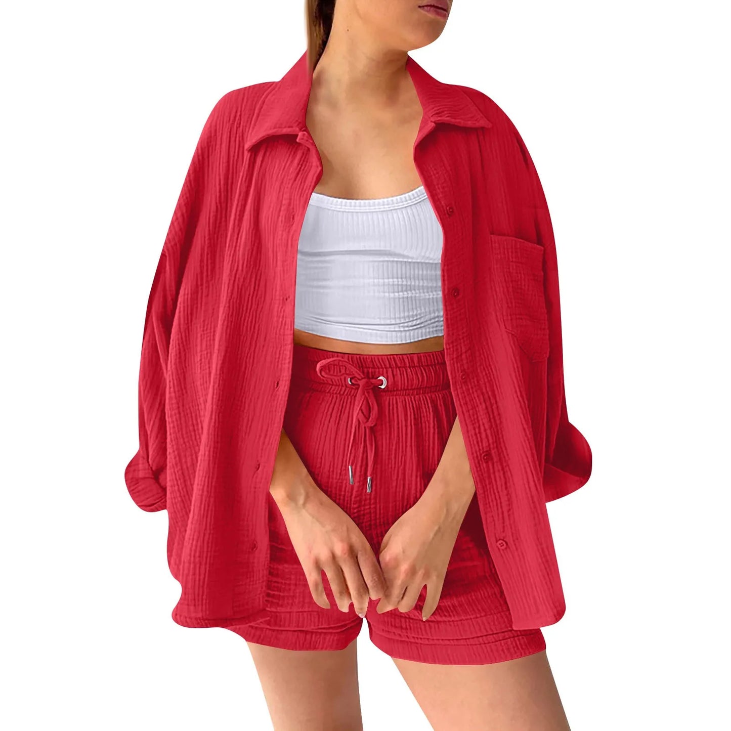Summer Cotton Linen High Waist Shirt Shorts Women Turn Down Collar Long Sleeve Tops and Shorts Suit Cotton Casual Two Piece Sets
