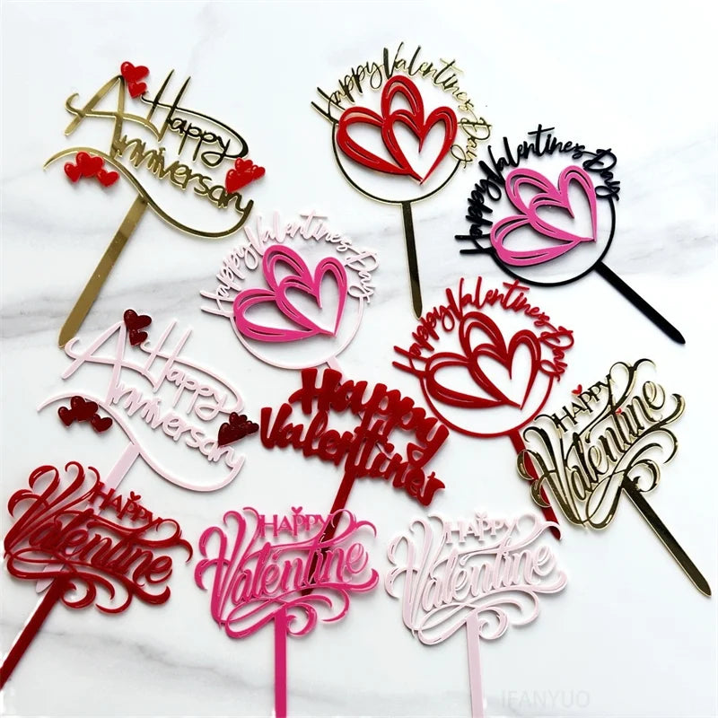 10PCS Acrylic Cake Topper Happy Valentine's Day Cupcake Topper for Wedding Party Cake Decorations Love Heart Dessert Decoration