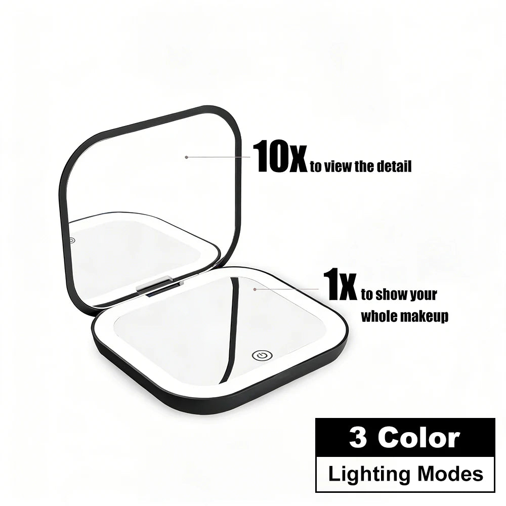 Espejo Compacto con Luces, Aumento 1X/2X, Espejo de Maquillaje LED Portátil, Plegable, de Bolsillo, para Viaje, Regalo o Bolso