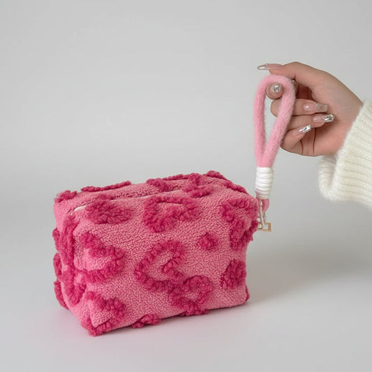 Bolsas de maquillaje de felpa con asa, bolsa de almacenamiento de cosméticos de viaje suave, organizador portátil con estampado romántico, estuche para lápices, bonita bolsa de mano